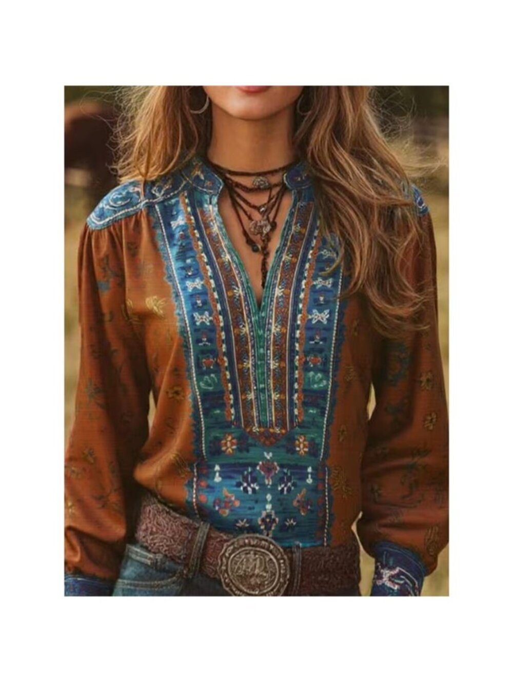 Printed Notched Long Sleeve Blouse